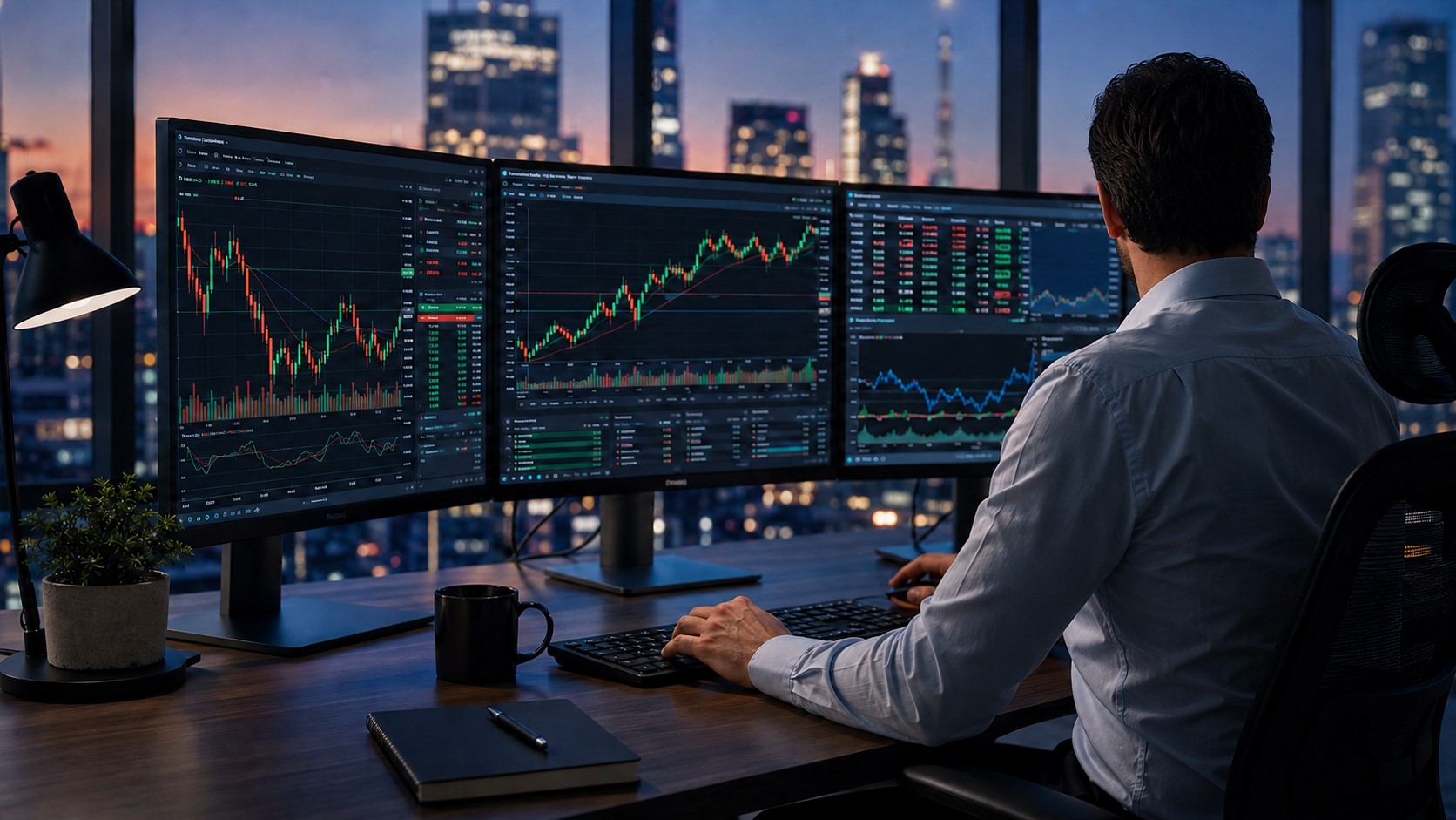 S10 Trading research desk with live market charts